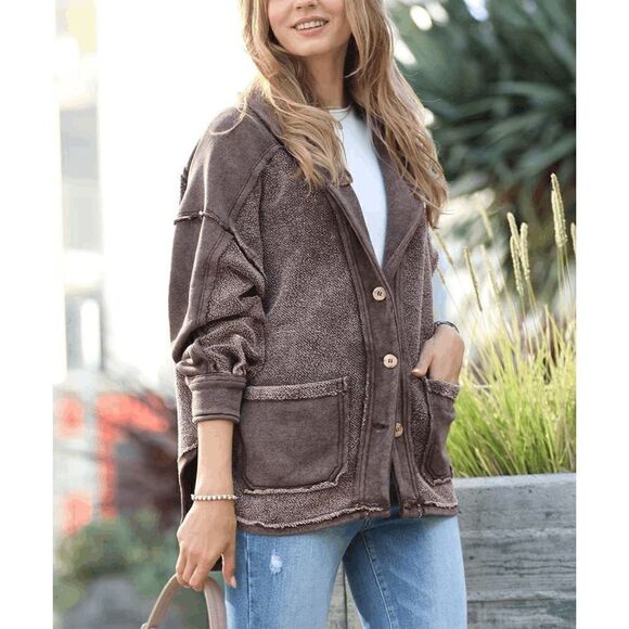 Brown French Terry V-Neck Button-Up Hi-Low Pocket Jacket - Picture 1 of 12